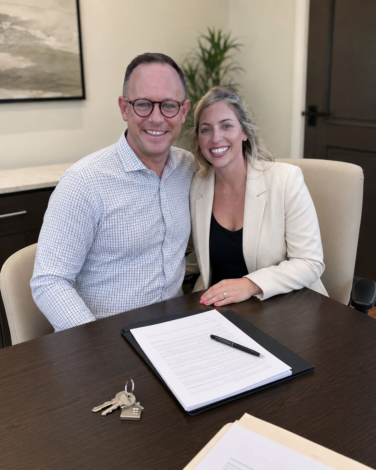 Brit and Kelly at the closing table with keys and contract